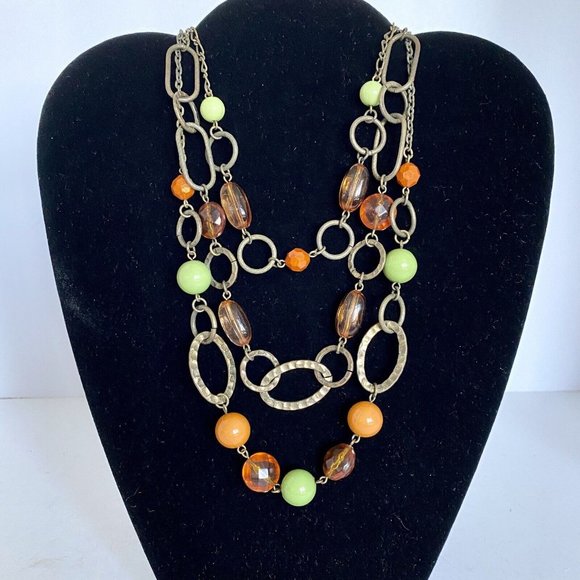 Bohemian Triple-Strand Necklace Green Orange Bronze Adjustable Length 18”-21” - Picture 1 of 6